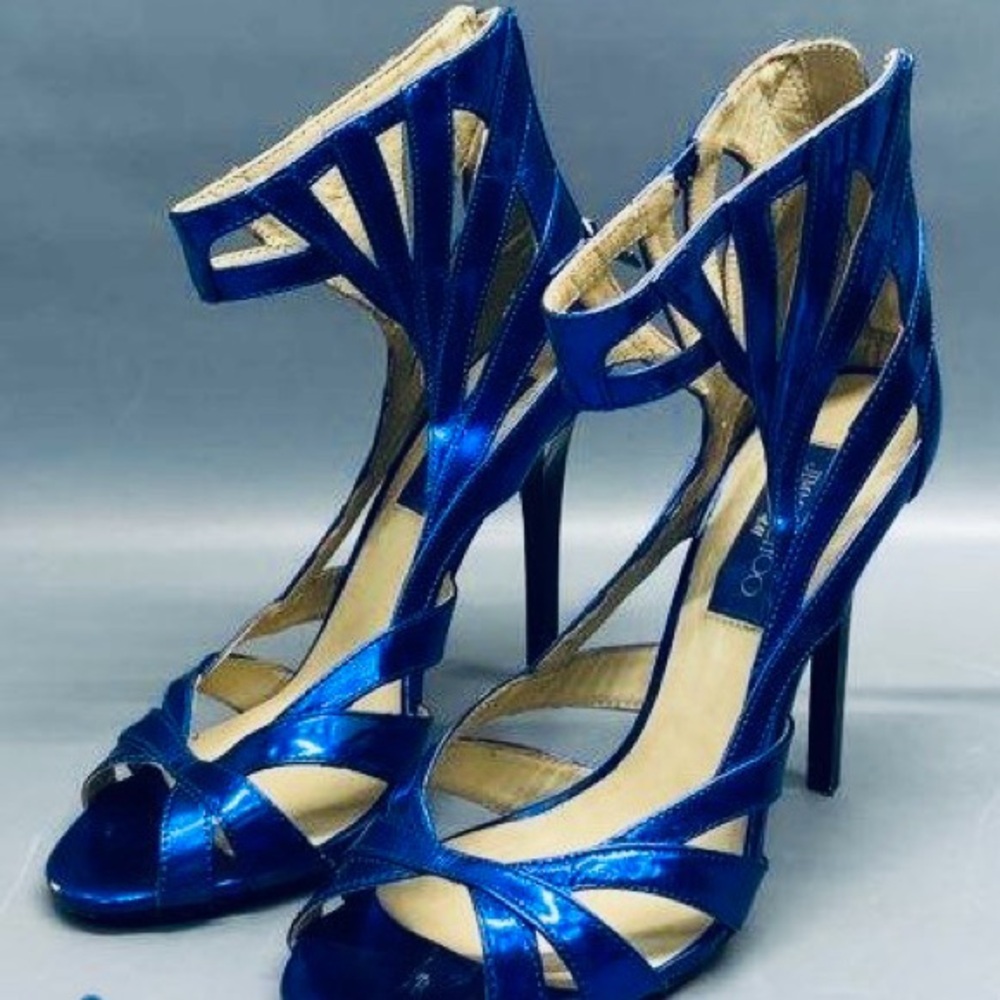 Jimmy Choo for H&M Blue Metallic Patent Leather Strappy Cage Heels Sandals